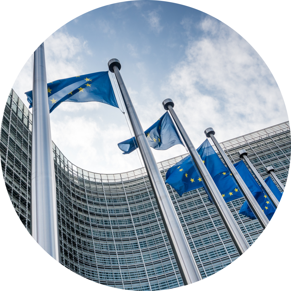 European Union flags in front of modern glass building with curved facade